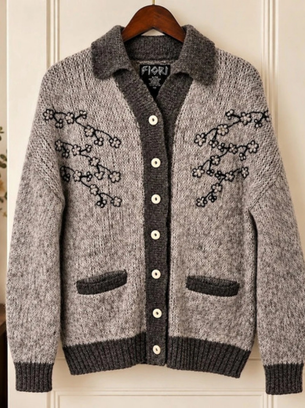 Fiori Grey Wool Blend Embroidered Floral Cardigan Sweater XL